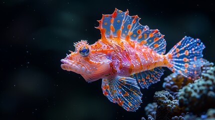  A focused photograph of an vividly hued fish within a watery expanse, surrounded by vibrant corals and lush algae