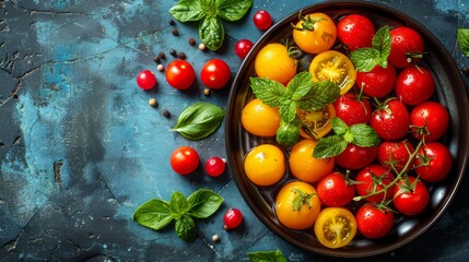 Wall Mural -  A bowl with various tomatoes and green leaves on a blue background, beside tomatoes and basil