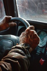 Canvas Print - A man driving a car with his hands on the steering wheel. Suitable for automotive and transportation concepts