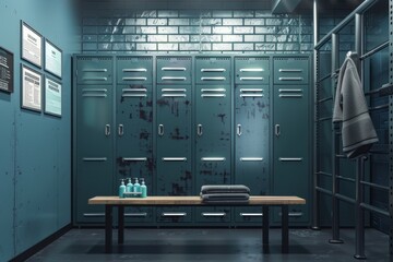 Wall Mural - Sporty Locker Room Setup a sporty locker room setup with metal lockers gym equipment