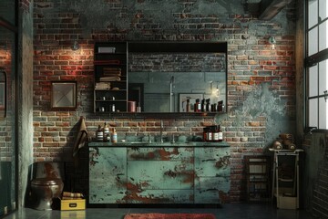 Wall Mural - Urban Loft Bathroom Showcasing an urban loft bathroom with exposed brick walls concrete floors