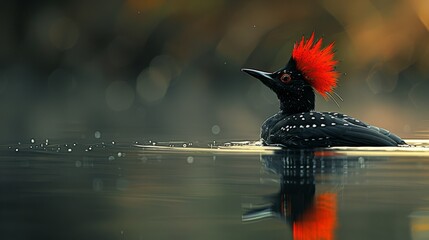 Wall Mural -  A mohawked red bird swims in water, droplets glistening on its feathers