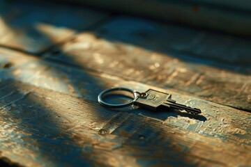 Wall Mural - Metal key placed on wooden table, suitable for various concepts and designs