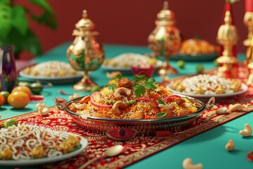 Wall Mural - Biryani Banquet a grand banquet table filled with aromatic biryani rice dishes