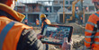 Vibrant video thumbnail for an app that captures the essence of construction site technology, showcasing digital twin models on tablet screens and busy workers