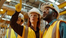 A Team Of Construction Workers Wearing Yellow Helmets And Tshirts Are Standing In A Factory, Looking Up At Something With Interest And Gesturing Towards It