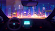Futuristic cityscape view from inside car. Vector cartoon illustration of auto riding on highway towards modern night city with illuminated skyscrapers, steering wheel, gps navigator on dashboard