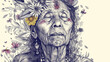 Portrait of shaman old woman, with yellow flowers in her hair, drawing in black and white