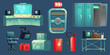 © klyaksun - Underground bunker laboratory interior cartoon set. Isolated equipment of secret shelter with door, extinguisher, locker, screen and command control center object. Military base with radio on desk