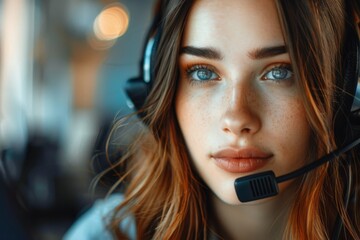 Portrait of a beautiful young female customer support phone operator in headset