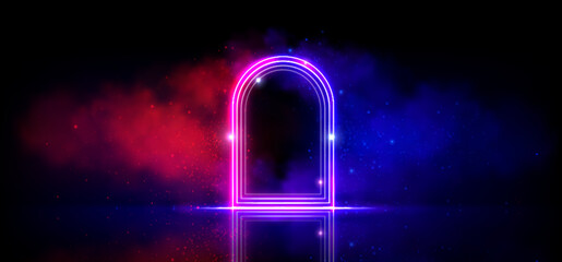 Wall Mural - Neon light arch portal. Blue red arc gate for show. Laser led frame at concert stage with steam. Haze and magic glitter on cyber door border. Mysterious modern bright teleport mockup with reflection