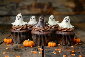 Spooky Halloween chocolate cupcakes with sweet ghosts and pumpkins . Sweets for Halloween on a wooden table