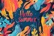 Hello summer banner with flowers and tropical leaves on purple background. Summer concept, summer vacation