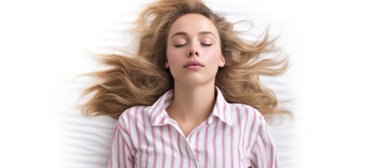 Canvas Print - A relaxed female is reclining on a bed with her eyes shut peacefully