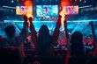 © Anastasiia - Vibrant Esports Arena: Fans Cheering, Colorful LED Lights, and Players Competing on Stage. Concept Esports Events, Competitive Gaming, Spectator Excitement, Colorful Lighting, Player Performance