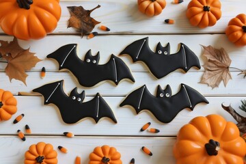 Halloween bat cookies, above view with pumpkins on a white wood background. happy halloween for kids