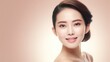 © Zainab - Japanese 30-40 years old woman with smooth healthy face skin. Skincare commercial portrait. Chinese, Korean asian woman touch face. Beauty and cosmetics skincare advertising concept