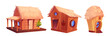 Beach house cartoon. Straw and wood island hut. Tropical bungalow and Hawaii tourism cottage set isolated on background. Caribbean lagoon architecture with window for summer ocean holiday to travel