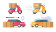 © vladwel - Car local delivery service icon vector set, motor scooter bike courier free fast shipping flat cartoon graphic illustration, auto vehicle parcel pack box food shipment, freight packet pickup image
