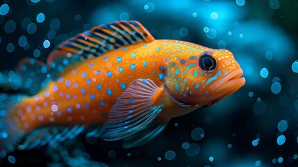  A sharp image of a blue-orange fish with distinctive spots, set against a clear background