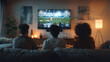 © studio nowhere - Three friends enjoy game on TV, comfy sofa, snacks, warm light. Cozy living room with people enjoying a game, snacks on the table.