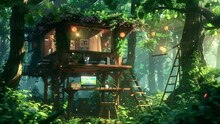 Experience The Charm Of A Treehouse Tucked Away In Spring's Greenery, Seamless Looping 4k Video Background Animation