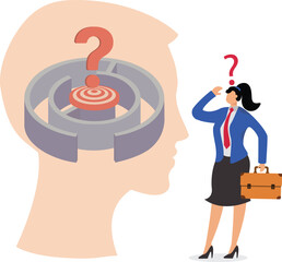 Brain Maze, Mental Problems, Mental Health and Illness, Thoughts on Anxiety and Problems, Isometric Anxiety Disturbed Businesswoman Looks Inside the Brain Maze and Asks Questions
