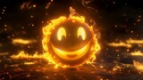 Fototapeta  - Digital art of a glowing, fiery smiley face against a dark, ember-filled background, symbolizing intense emotions or ideas.