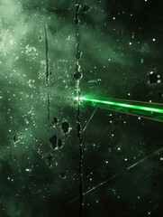 Poster - Luminous green streaks and specks on a dark background.