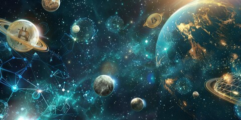 Wall Mural - a colorful space scene with many planets and stars