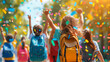 © Fokke Baarssen - A group of happy children, carrying colorful backpacks, celebrate the start of a new school year with confetti flying around them