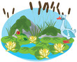 Type on marsh with water lily and animal