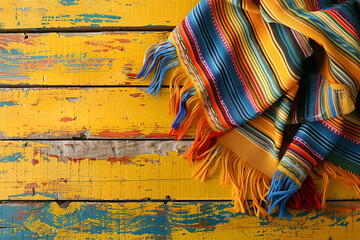 Wall Mural - Mexican a serape blanket on bright yellow orange old  wooden background  for Cinco de Mayo holiday party celebration , top view, copy space. Fifth of May celebration concept.