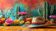  Fantasy fiesta cinco de mayo colorful, cactus and sombrero hat, yellow green red background. copy space.