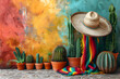  Fantasy fiesta cinco de mayo colorful, cactus and sombrero hat, yellow green red background. copy space.
