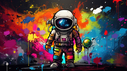 Stylish street graffiti with the astronout in space.