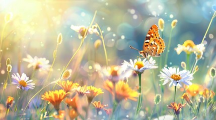 Sticker - Beautiful wild flowers background with butterfly on sunny spring meadow