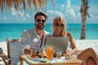 Tropical Workday: Smiling Couple Remote Work & Wireless Technology on Sunny Beach, Showcasing the Perfect Balance Between Freelance Life and Vacation Leisure - A Guide to Working Remotely in Paradise.