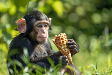 Poster - monkey infant with a waffle cone in a bright sunny glade