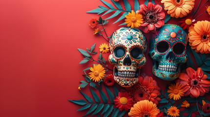 Wall Mural - ask day of the dead, sugar skulls, colorful, flowers, top angle, right copy space.