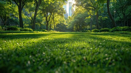 Beautiful landscape of a city park, with beautiful grass, trees and sun