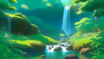Wall Mural - a hidden waterfall in a lush garden with colorful plants and small creatures