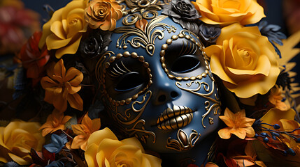 Wall Mural - Mask day of the dead, woman sugar skulls, colorful, flowers, top angle, right copy space.