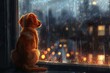 A heartwarming, realistic digital painting of a loyal dog waiting patiently by a window, gazing at a rainy cityscape