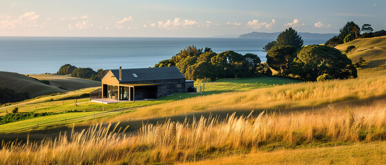 Canvas Print - A modern farm house amongst fields next to the ocean. Professional landscape photography