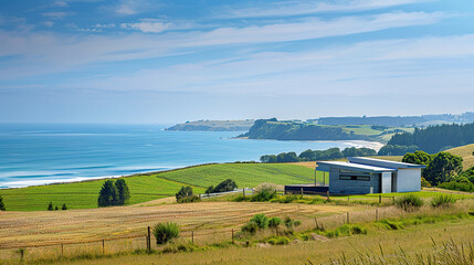 Wall Mural - A modern farm house amongst fields next to the ocean. Professional landscape photography