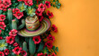 Fantasy fiesta cinco de mayo colorful, cactus and sombrero hat, yellow green red background.