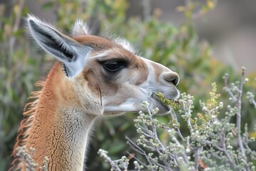 Wall Mural - closeup of a guanaco chewing on shrubs
