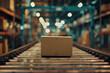 A close-up, minimalist photorealistic image of a cardboard box on a conveyor belt in a brightly lit warehouse