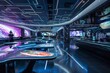 A futuristic cafe with holographic menus, robotic servers, and interactive tables that change colors and patterns with a touch, Generative AI